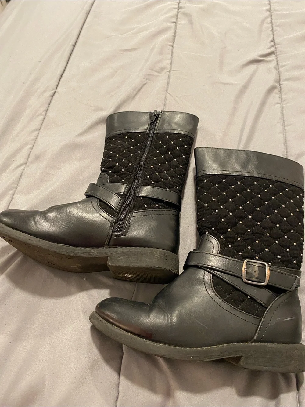 KidsBlack Quilted Mid-Calf Boots with Buckle and zipper